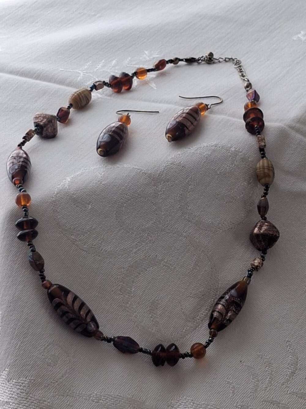 Artisan Glass Bead Necklace & Earrings Set Brown Amber Copper